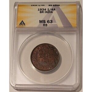 India - British - George V 1934 1/4 Anna MS63 RB ANACS